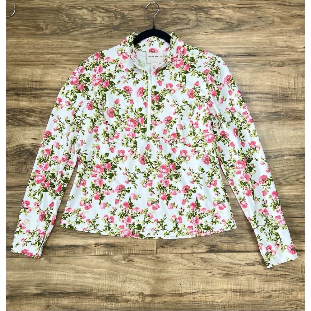 Laura Ashley Women L Floral Activewear Top 1/4 Zip Pullover Long Stretch Tennis